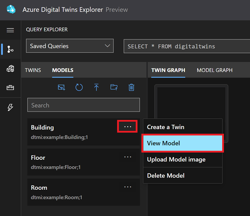 显示“模型”面板的 Azure Digital Twins Explorer 的屏幕截图,其中列出了三个模型定义:Building、Floor 和 Room。