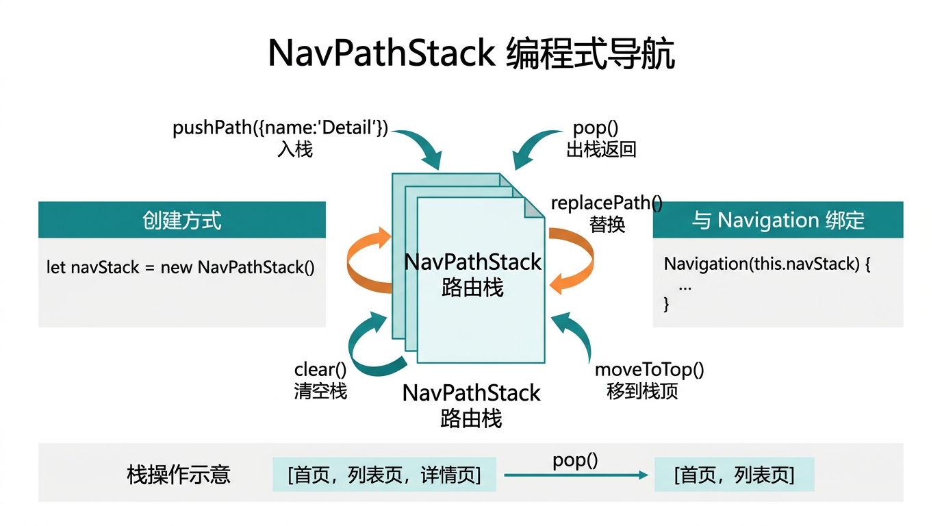 文章配图:NavPathStack 的完整 API 方法、生命周期关联、参数传递技巧,以及基于 NavPathStack