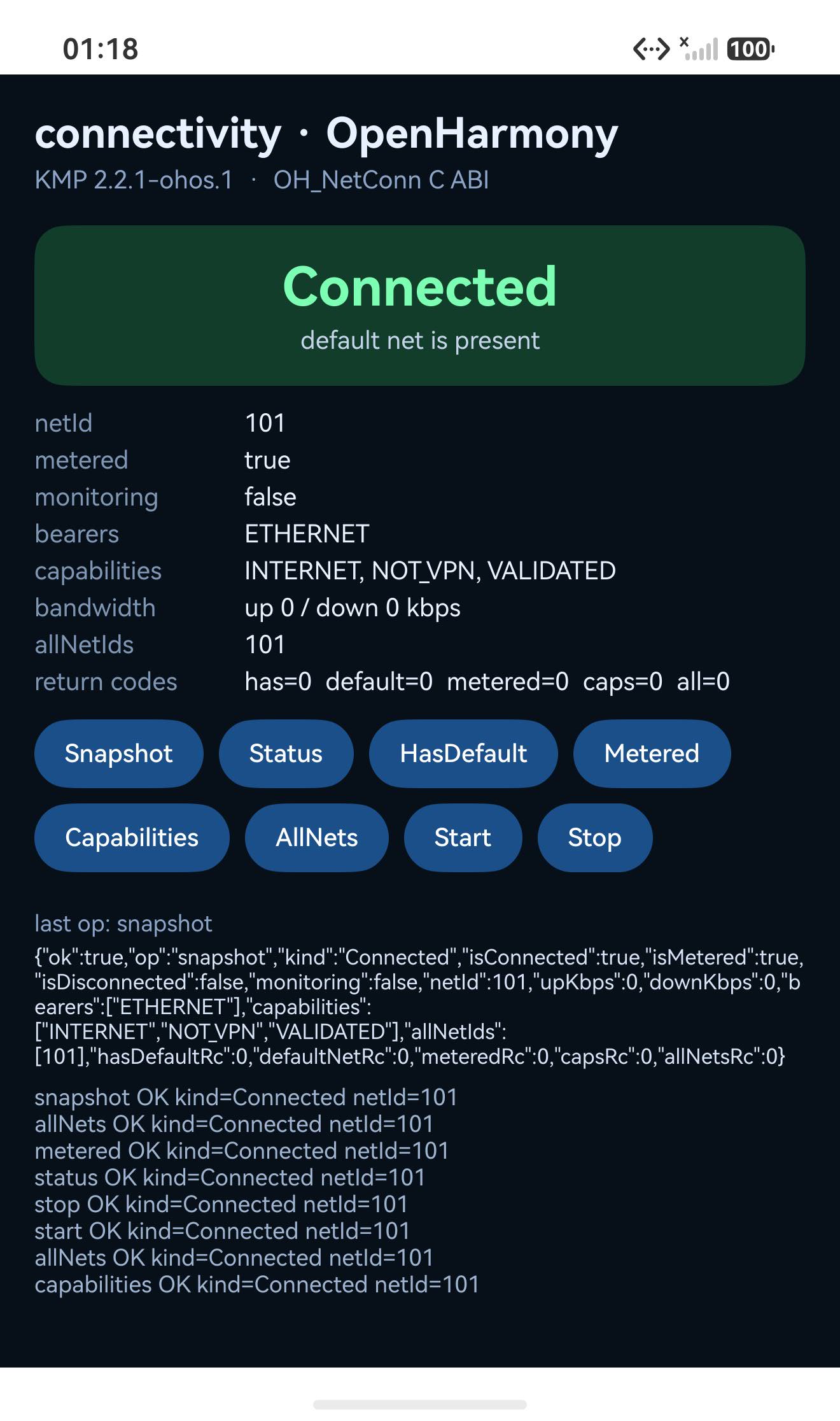 Snapshot Connected netId=101 ETHERNET rc=0