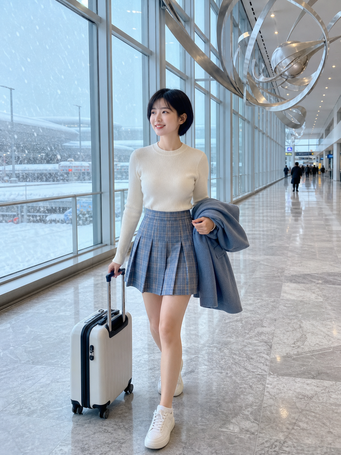 轻雪机场艺术连廊中的蓝灰格成年百褶裙