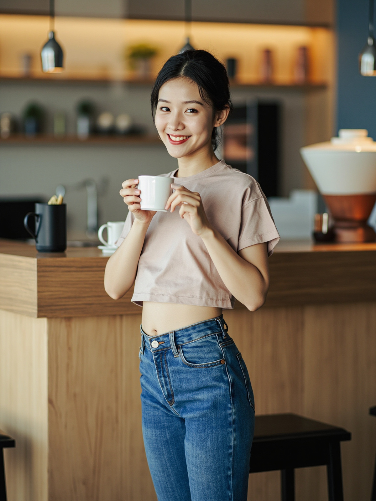 精品咖啡吧台旁穿蓝色低腰紧身牛仔裤的成年女性