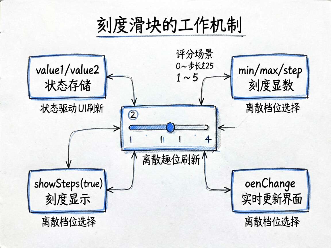 为这篇 HarmonyOS7 技术教程绘制手绘蓝图式框架图，主题是“刻度滑块的工作机制”。画面中心是