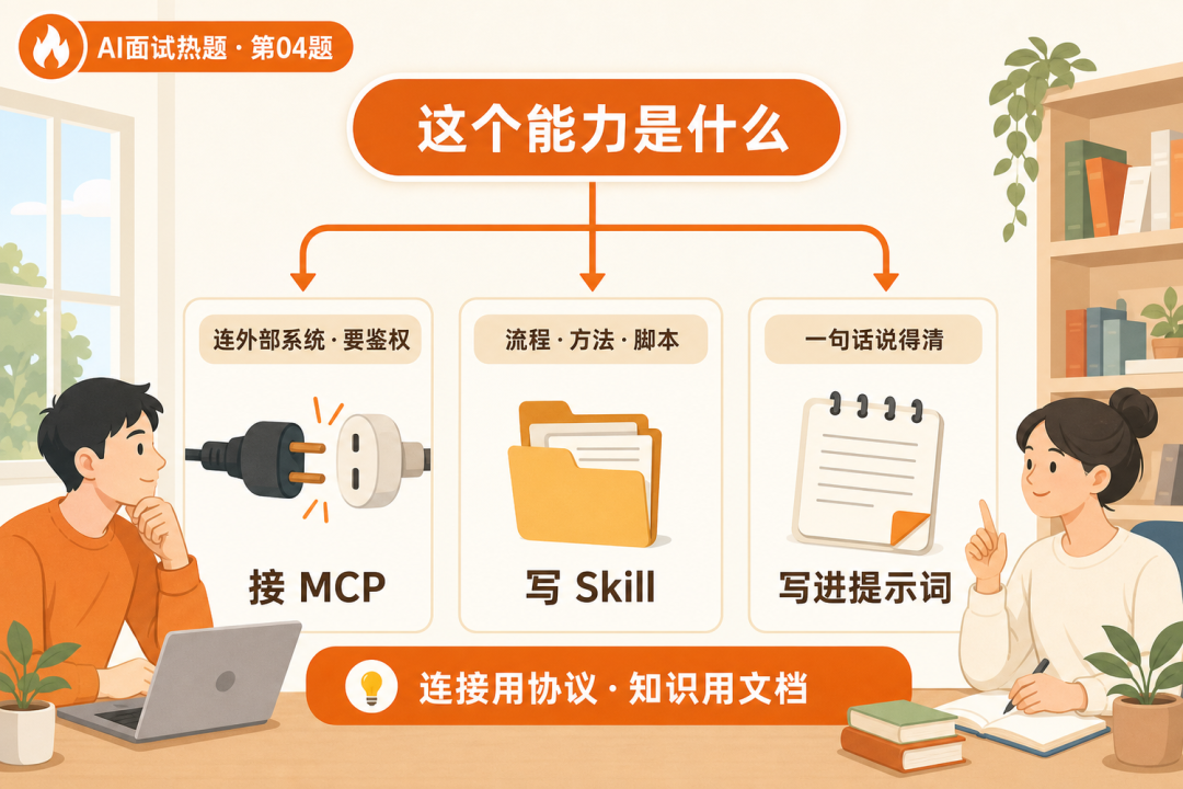 Agent 扩能力三叉判断卡:连外部系统、要鉴权的接 MCP,教流程方法的写 Skill,一句话说得清的写进提示词