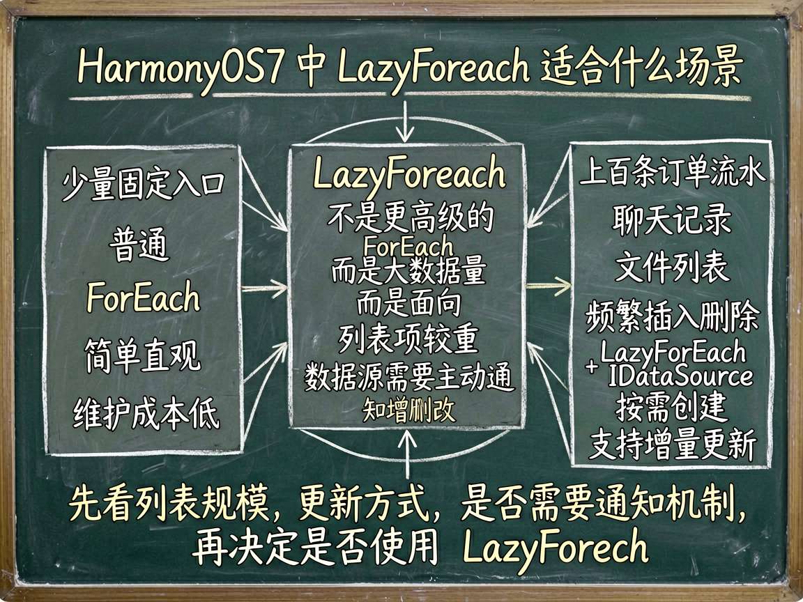 一张手绘笔记风格的框架图,主题是“HarmonyOS7 中 LazyForEach 适合什么场景”。