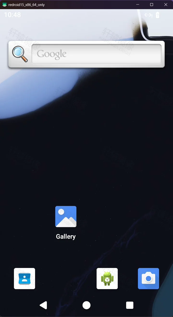 redroid Android 15 主屏幕:scrcpy 窗口 redroid15_x86_64_only,Google 搜索框与 Gallery / Contacts / Camera