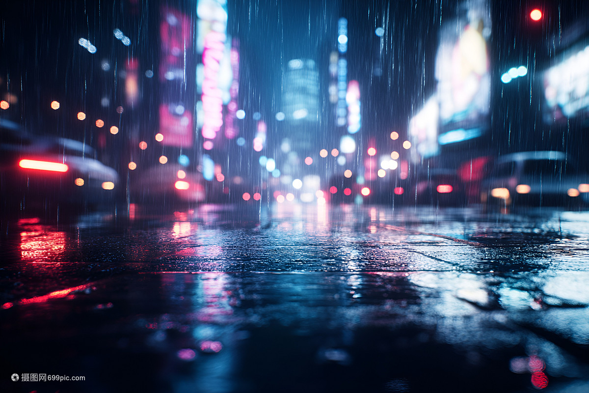灯光璀璨的城市街道 雨夜中的智能城市剪影：积水里倒映的残缺投影