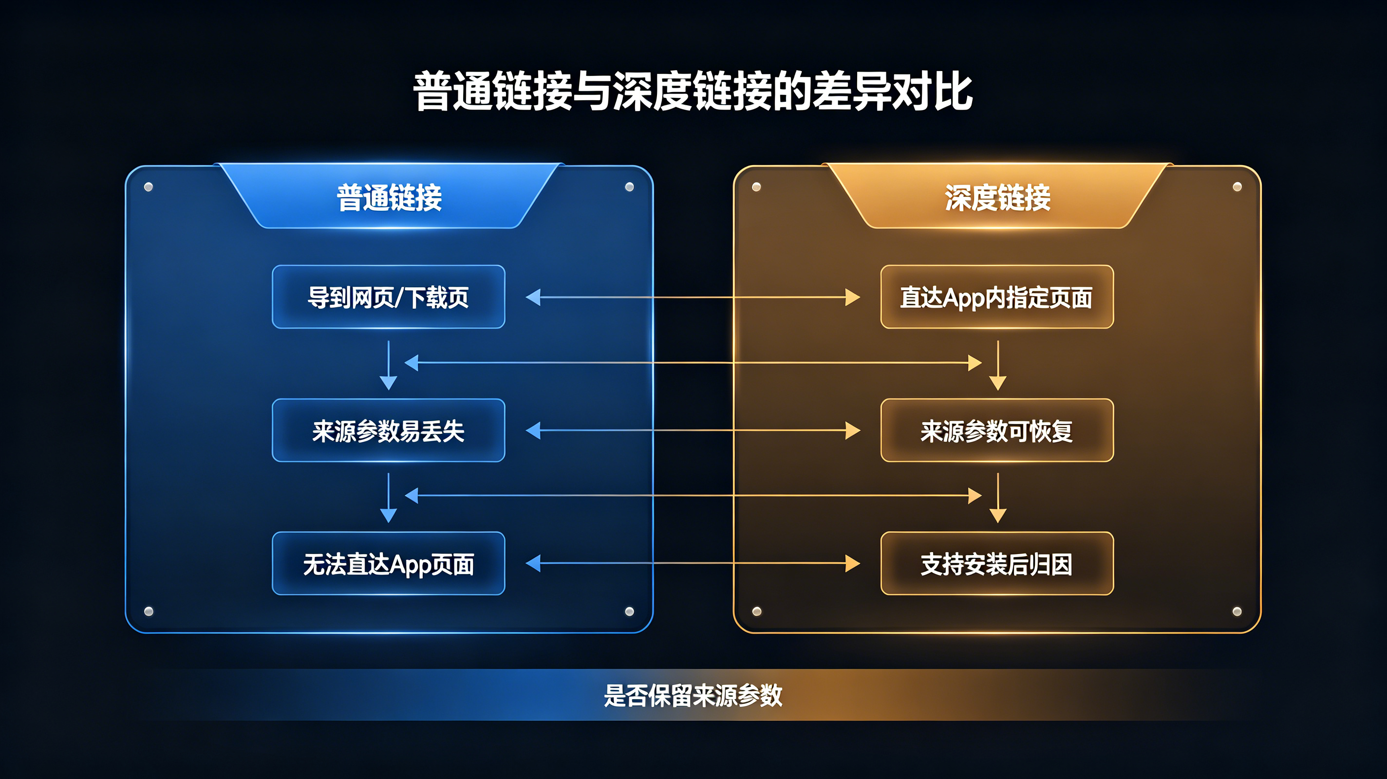 普通链接与深度链接在跳转能力和归因能力上的差异对比图