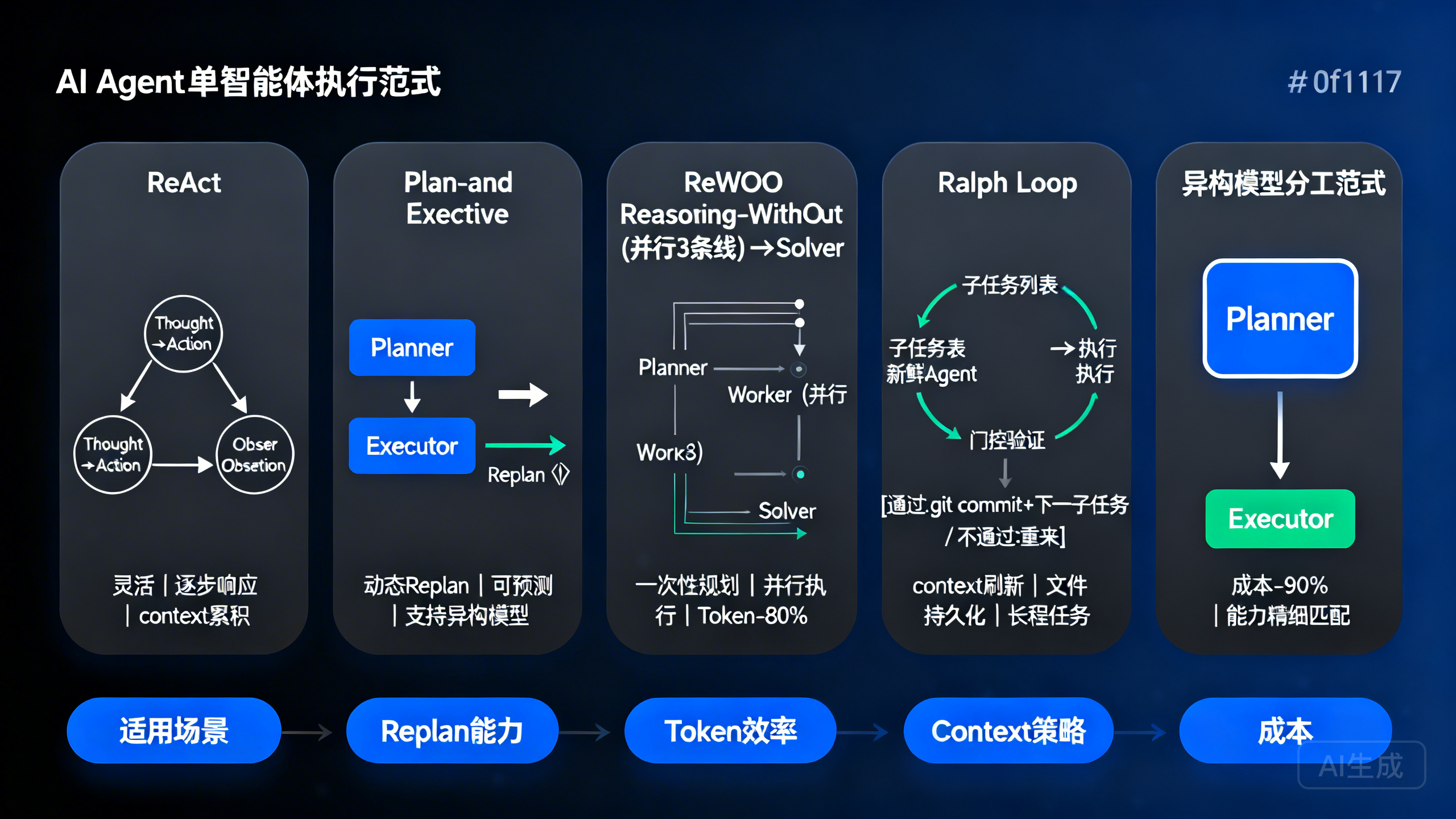 五种 single agent 执行范式:ReAct / Plan-and-Execute / ReWOO / Ralph Loop / 异构模型分工