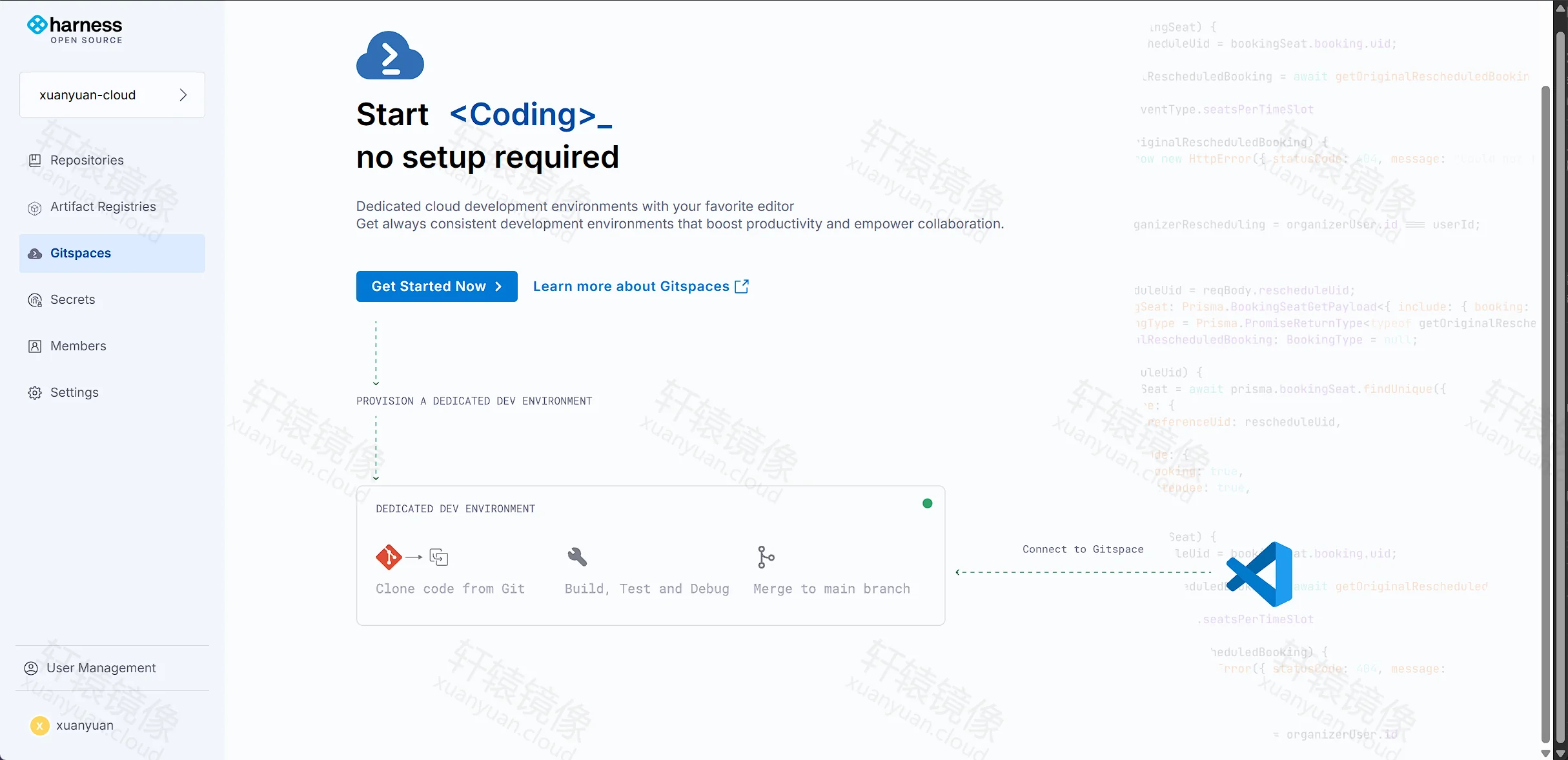 Harness Open Source Gitspaces 介绍页：克隆代码、Build Test Debug、连接 VS Code