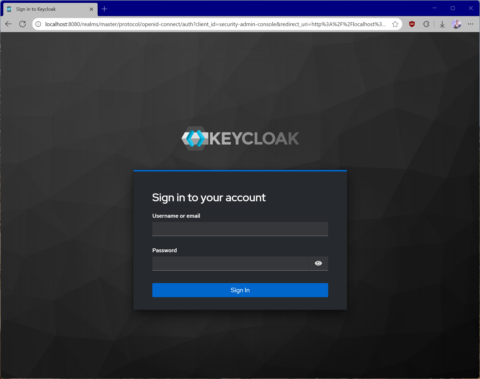 Keycloak admin dashboard authentication dialog.