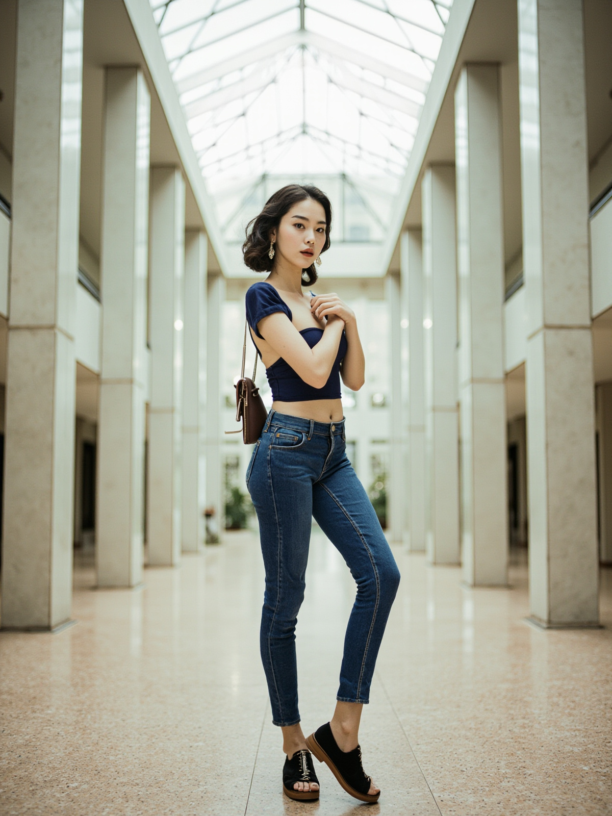 美术馆中庭天窗光柱下穿蓝色低腰紧身牛仔裤的成年女性