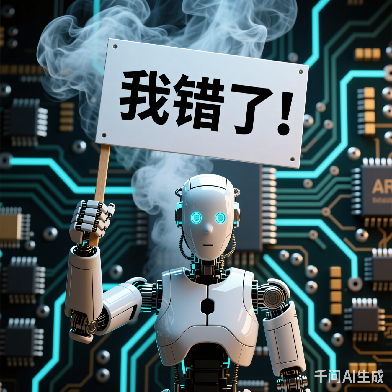 机器人举着"我错了"的牌子，背景是冒烟的电路板