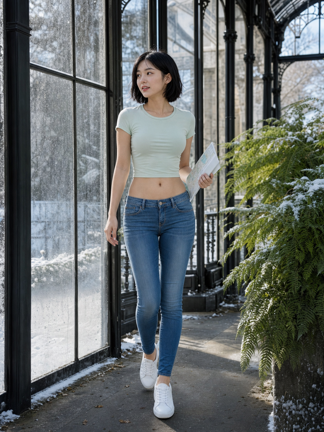 雪后高山玻璃温室中的亚洲成年女性低腰蓝色牛仔时装