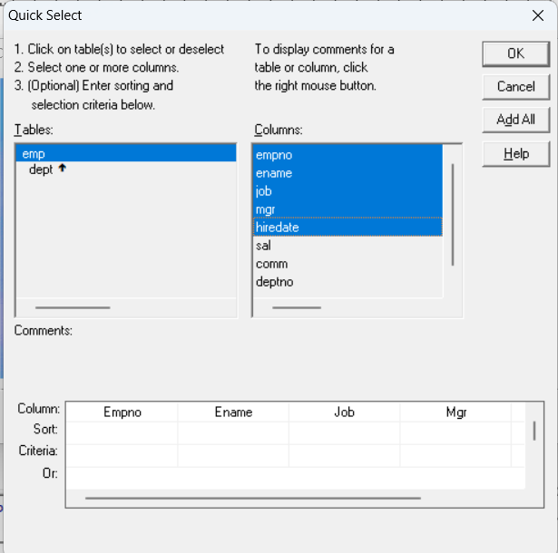选择需要的表和字段