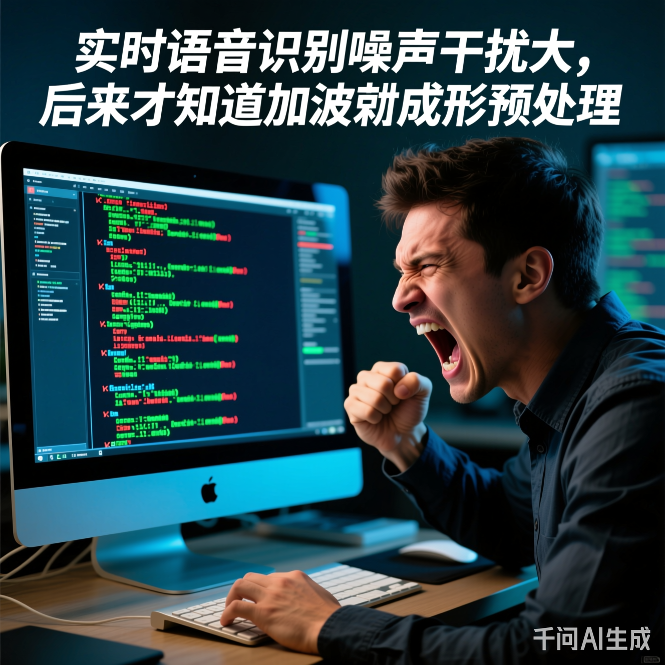 一张程序员对着电脑抓狂的照片，电脑屏幕上显示满屏报错信息