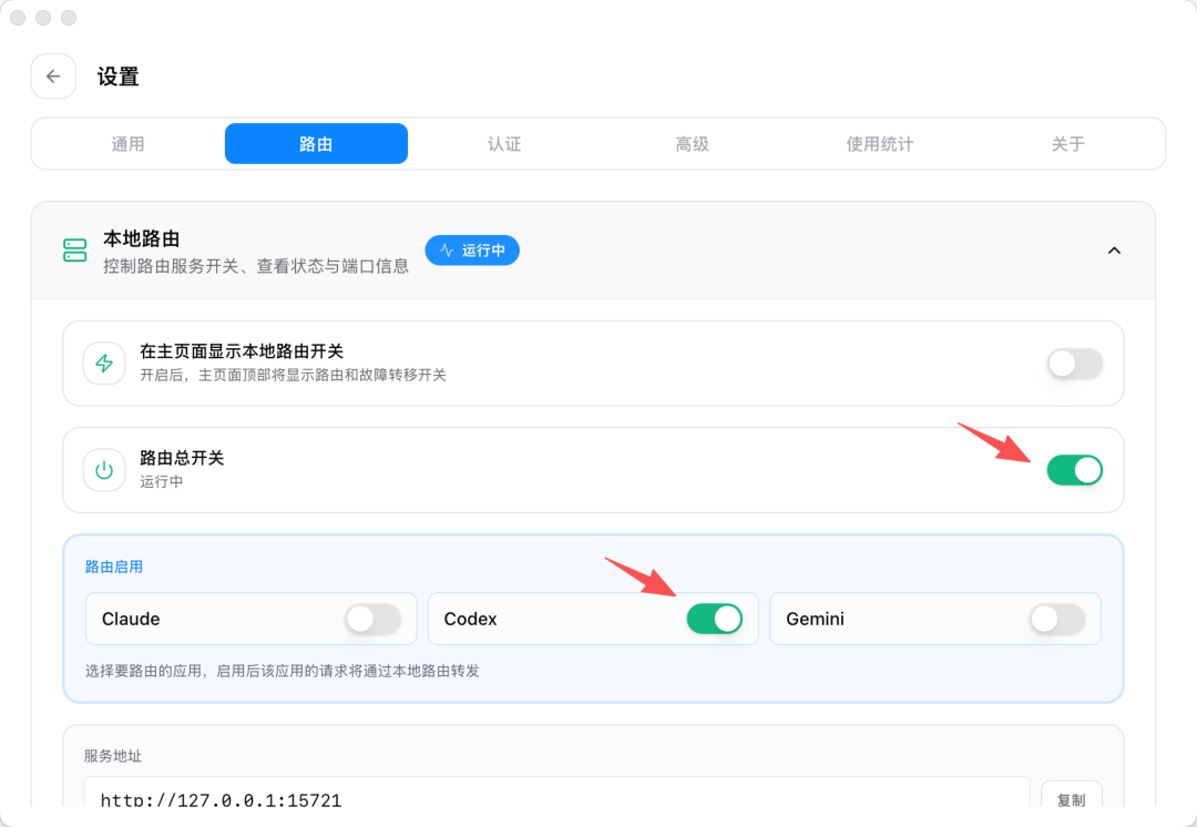 打开路由总开关并启用 Codex 路由