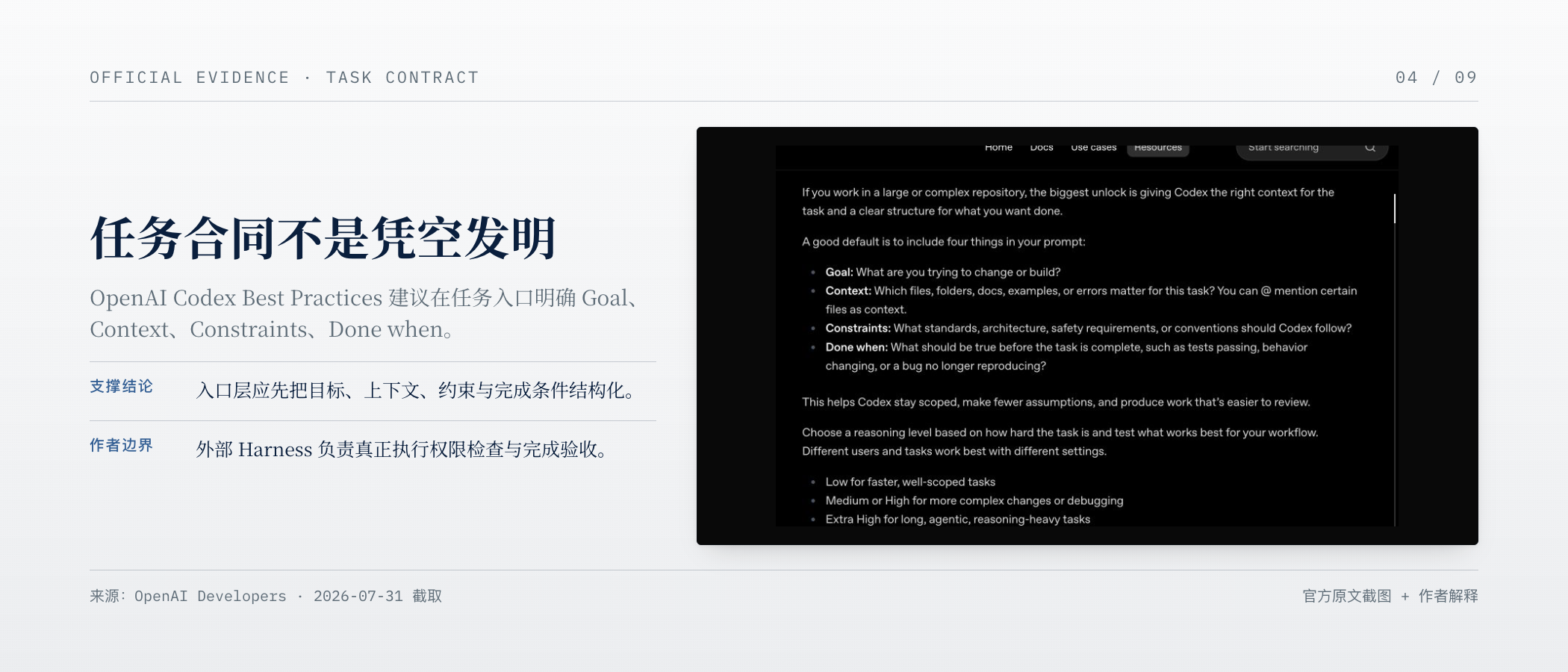 OpenAI Codex 官方任务结构：Goal、Context、Constraints、Done when