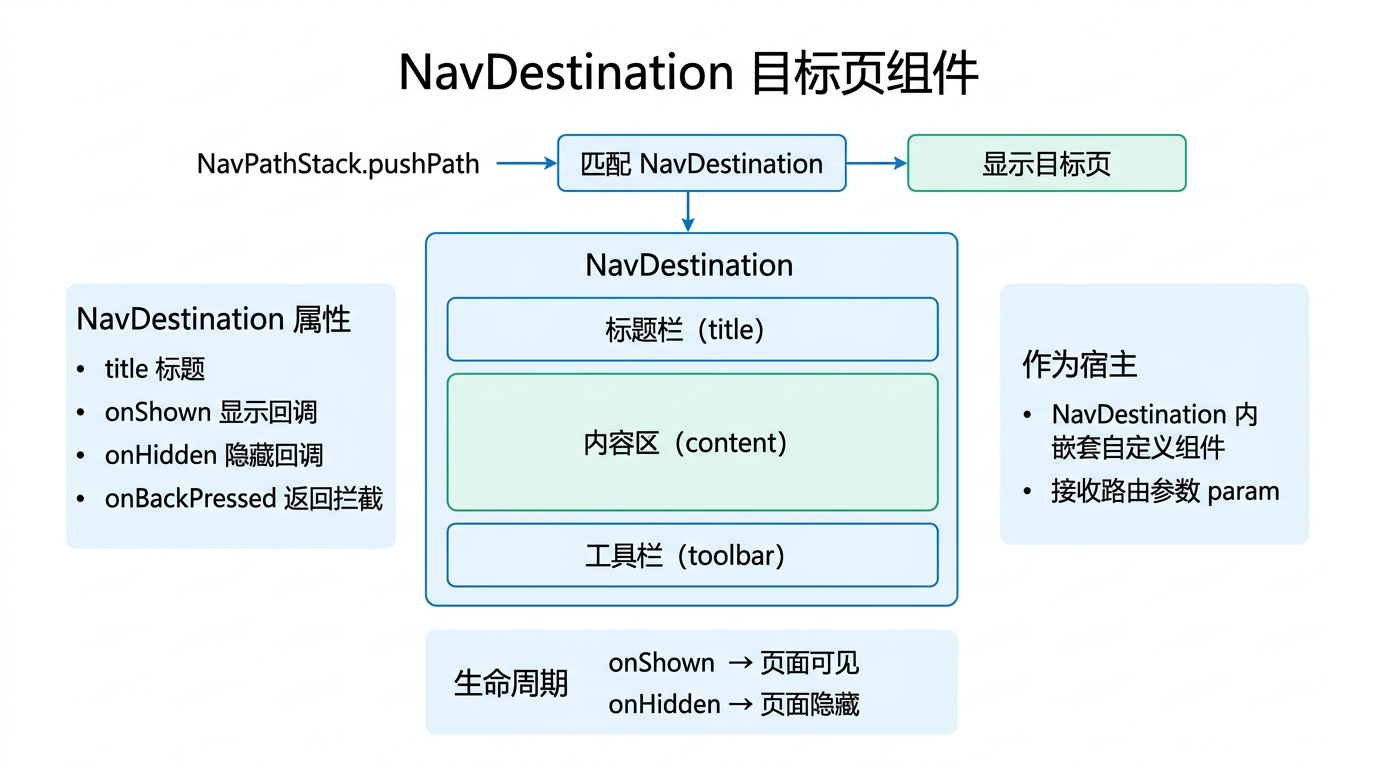 文章配图:NavDestination 的结构组成、自定义标题栏、菜单栏和工具栏以及生命周期管理