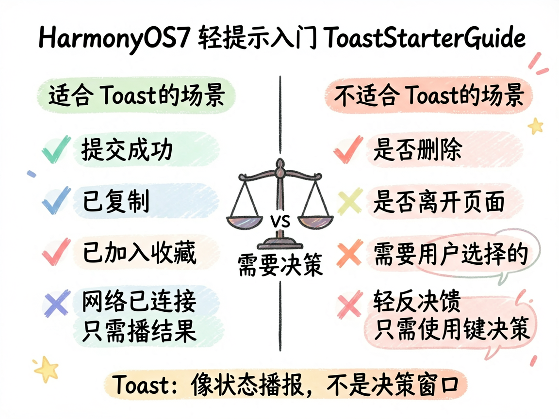 为《HarmonyOS7 轻提示入门：ToastStarterGuide》绘制一张手绘对比图，主题是