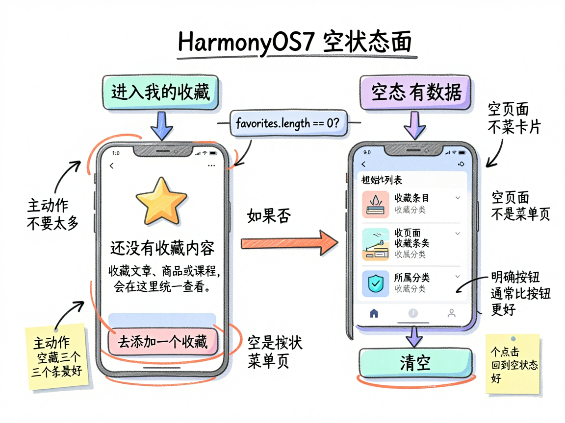 为一篇讲解 HarmonyOS7 空状态页面的技术文章绘制一张手绘笔记风流程图,内容围绕收藏页面的空