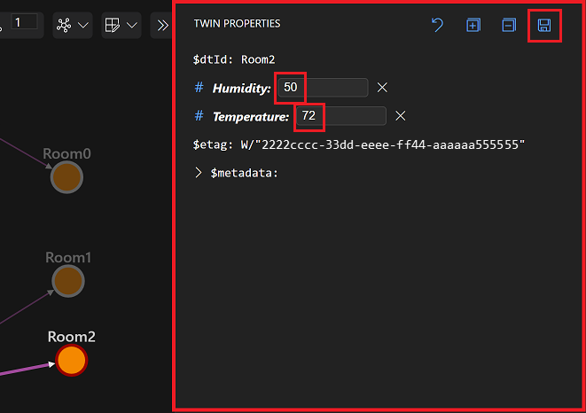 突出显示“孪生体属性”面板的 Azure Digital Twins Explorer 的屏幕截图,其中为 Room2 设置了 Temperature 和 Humidity 属性。