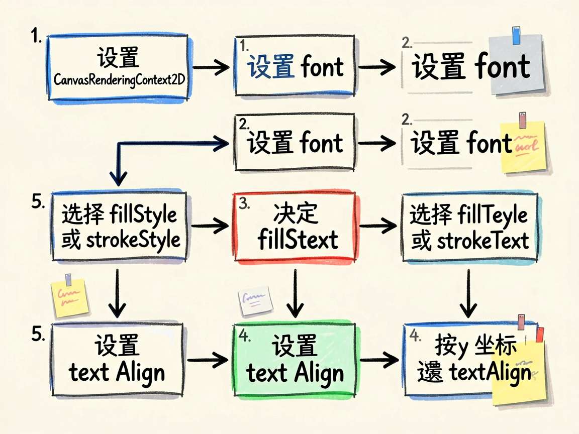 一张手绘流程图风格的配图,展示 Canvas 文字绘制在实际页面中的步骤。流程从“设置 Canvas