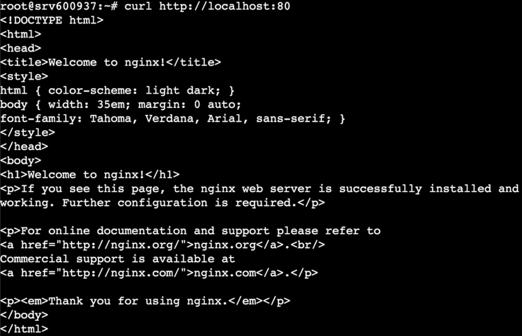 Terminal window displaying curl http://localhost:80- command executed and Nginx default content returned