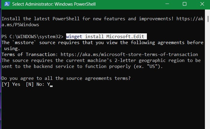 Winget installation command for Microsoft Edit software.