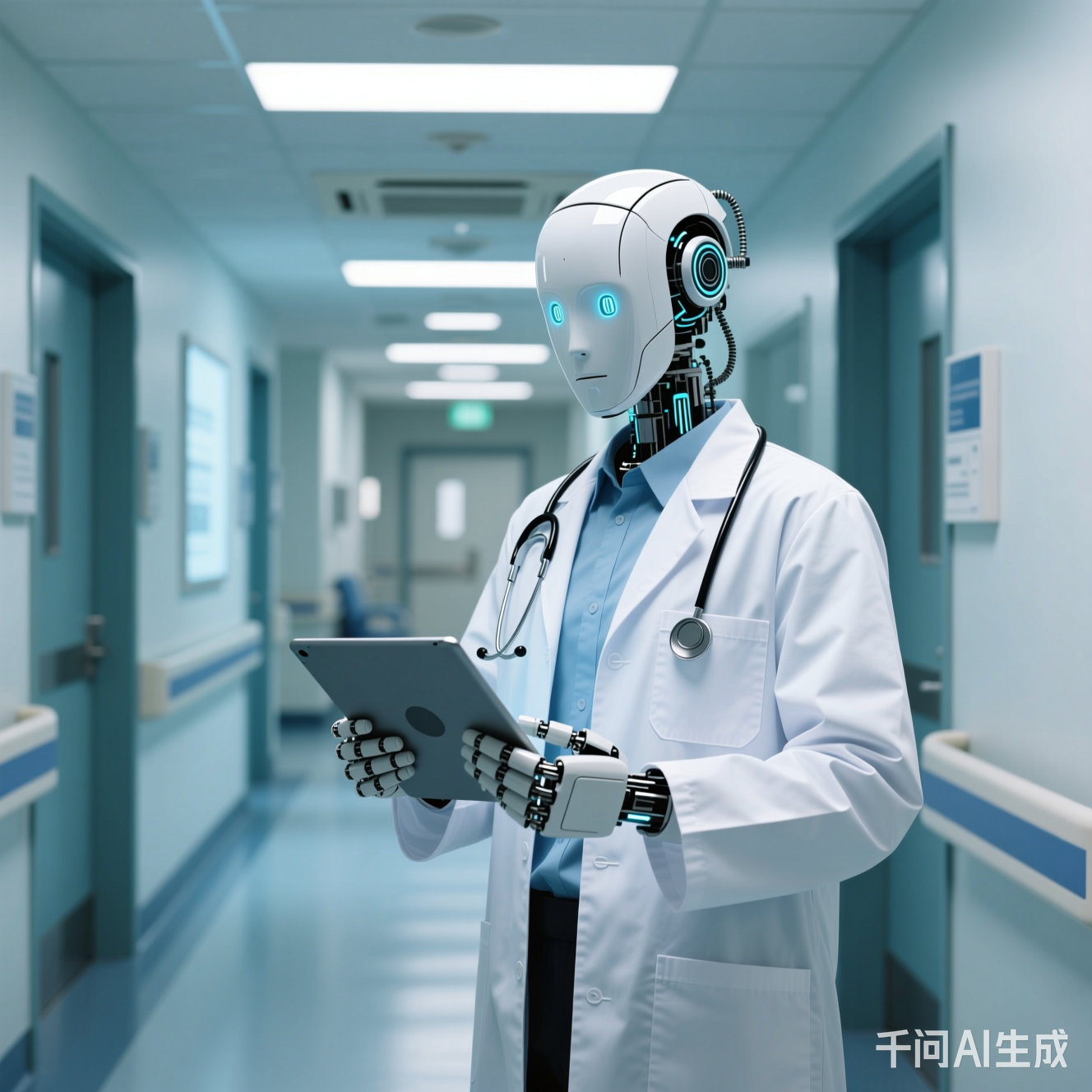 穿着白大褂的AI机器人站在医院走廊,手里拿着平板电脑