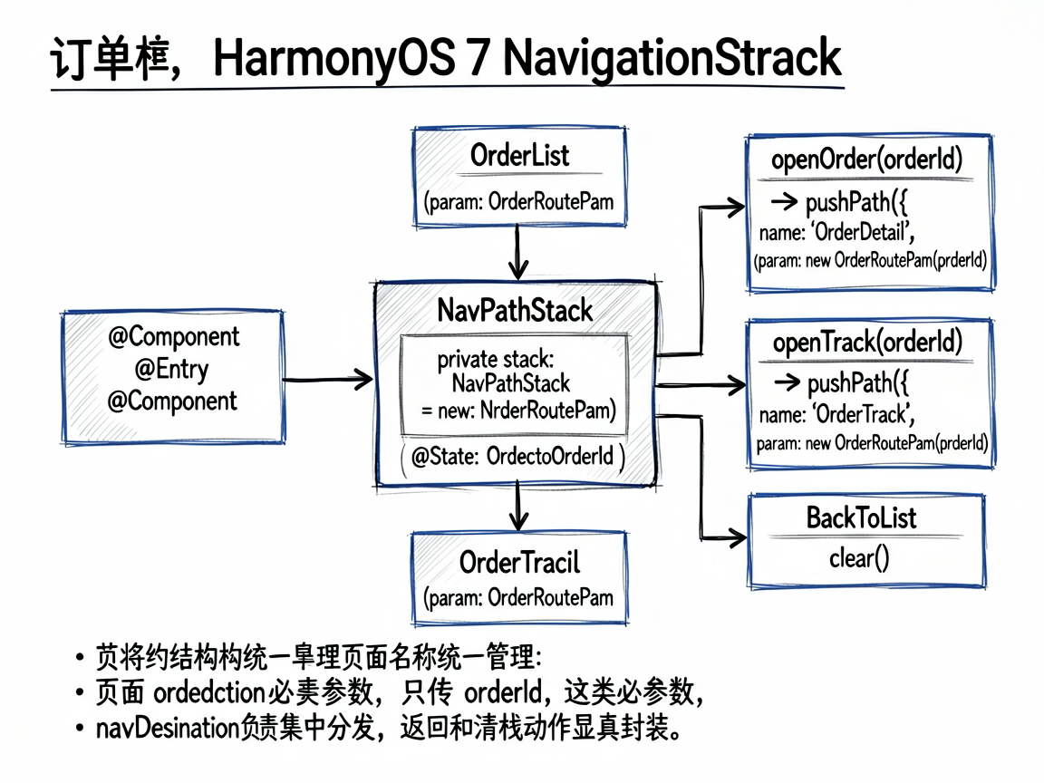 为一篇讲解 HarmonyOS 7 NavigationStack 管理页面栈的技术文章绘制一张手绘