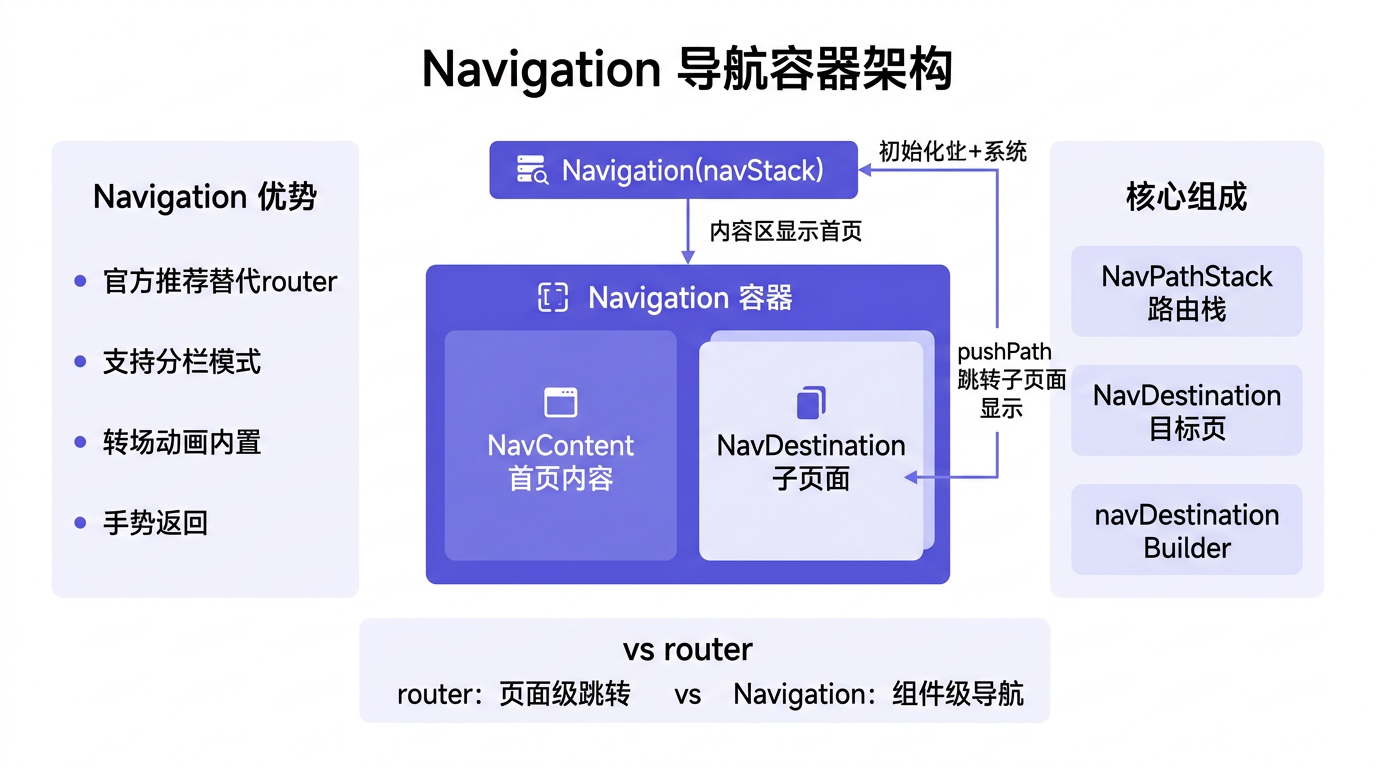 文章配图:Navigation 的核心架构、NavBar 与 NavDestination 的协作方式、与 router