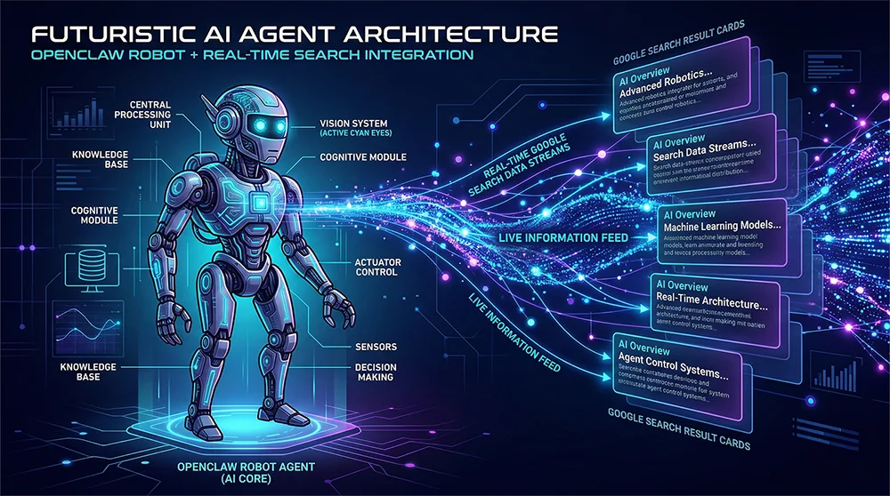 OpenClaw AI Search Skill 架构图：通过 Pangolinfo AI Mode API 实时获取 Google AI Overview 数据