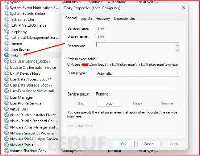 Malicious Windows service named 'Tinky' (Source – Cyfirma)