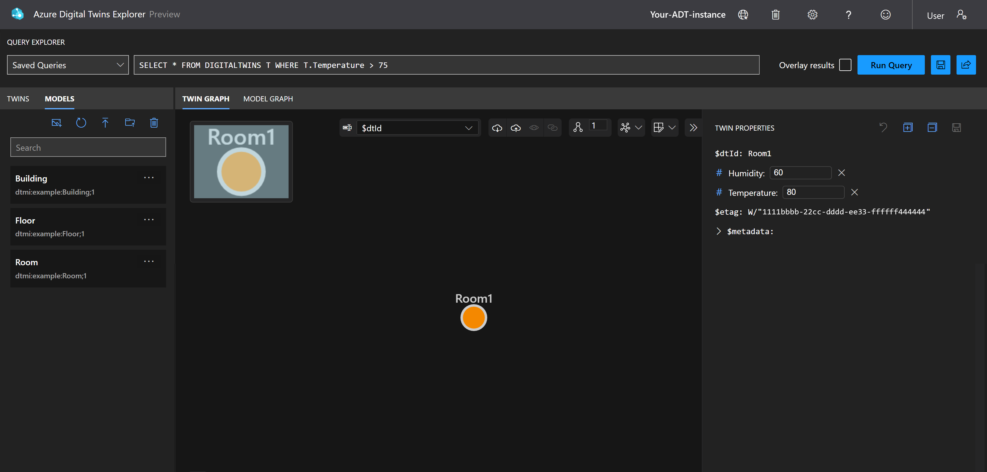 显示属性查询结果的 Azure Digital Twins Explorer 的屏幕截图,其中只显示 Room1。