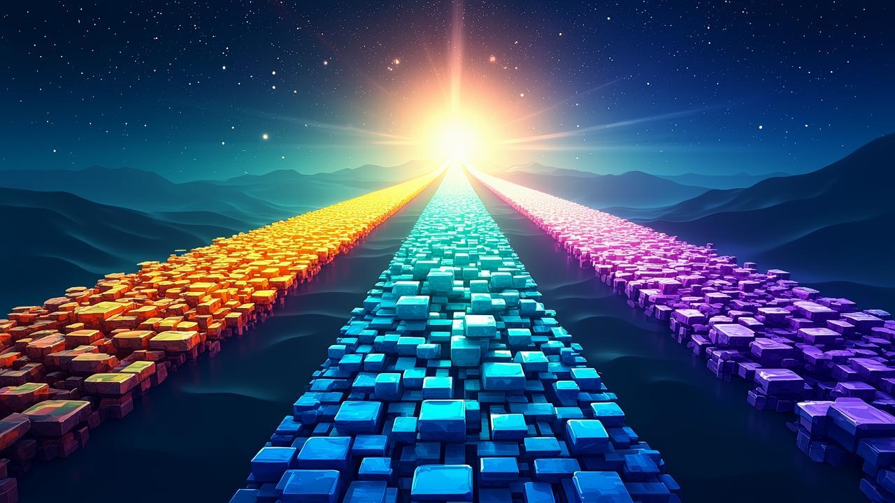 A surreal digital landscape where a diverging path