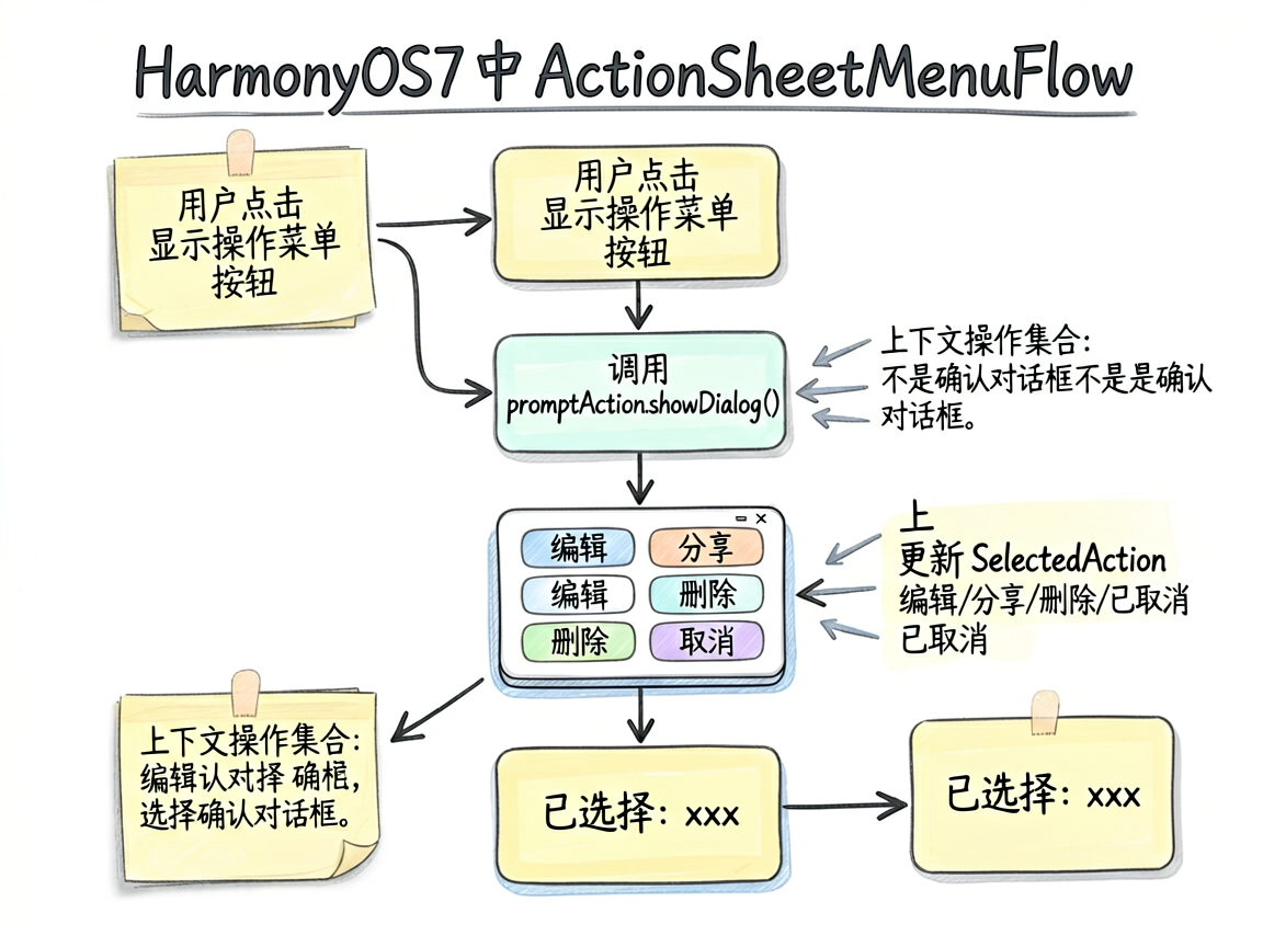一张手绘流程图,展示 HarmonyOS7 中 ActionSheetMenuFlow 的交互流程。