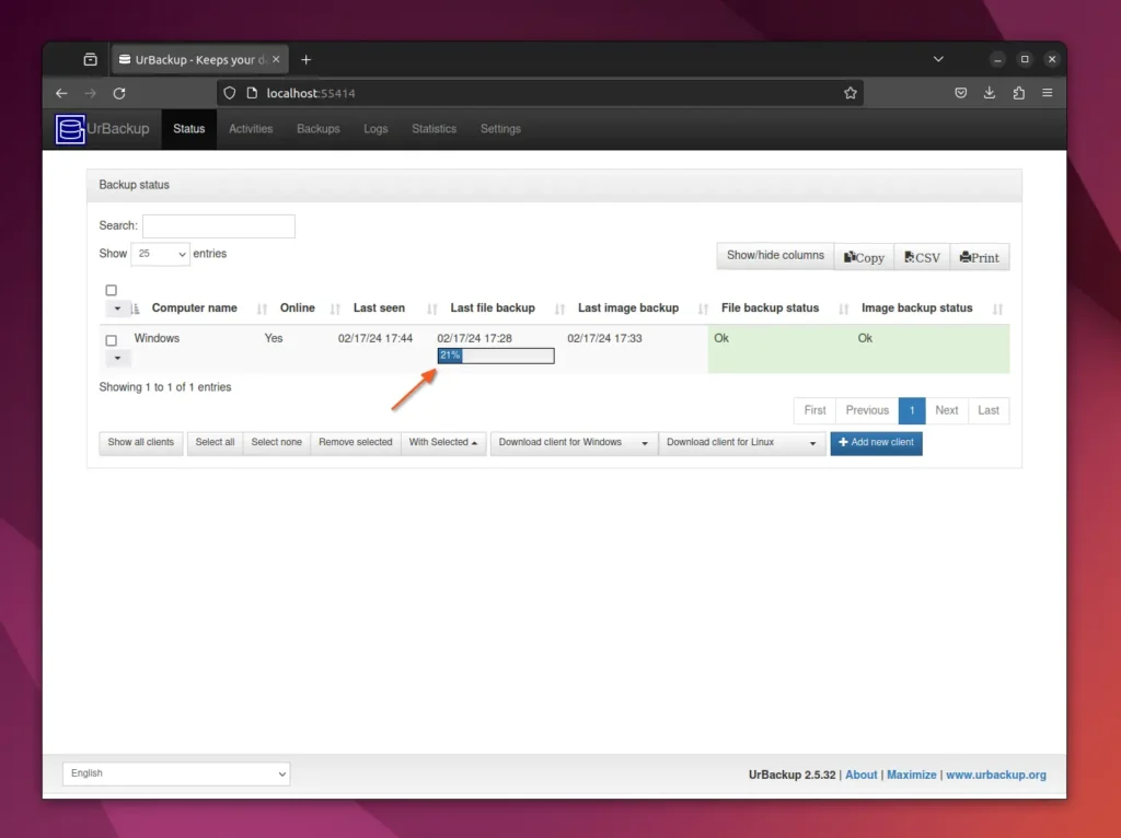 tracking client backup progress