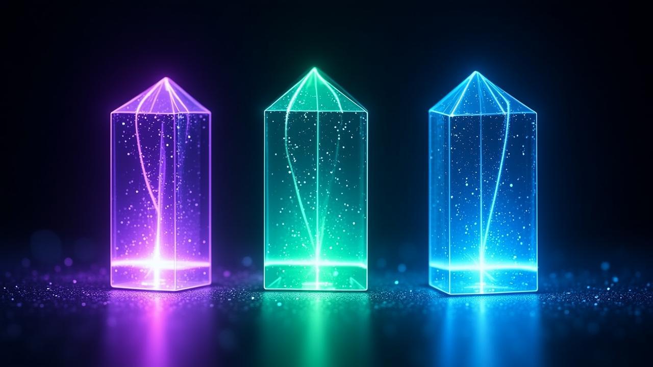 Three distinct translucent glass prisms floating i