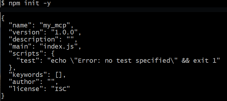 运行 npm init -y 后生成 package.json,命令与结果来自同一次真实操作