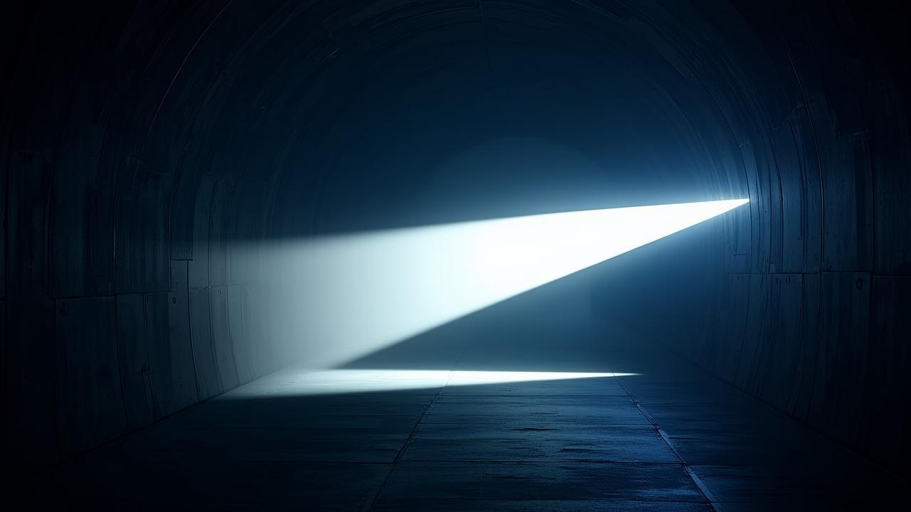A minimalist dark tunnel illuminated by a single, 