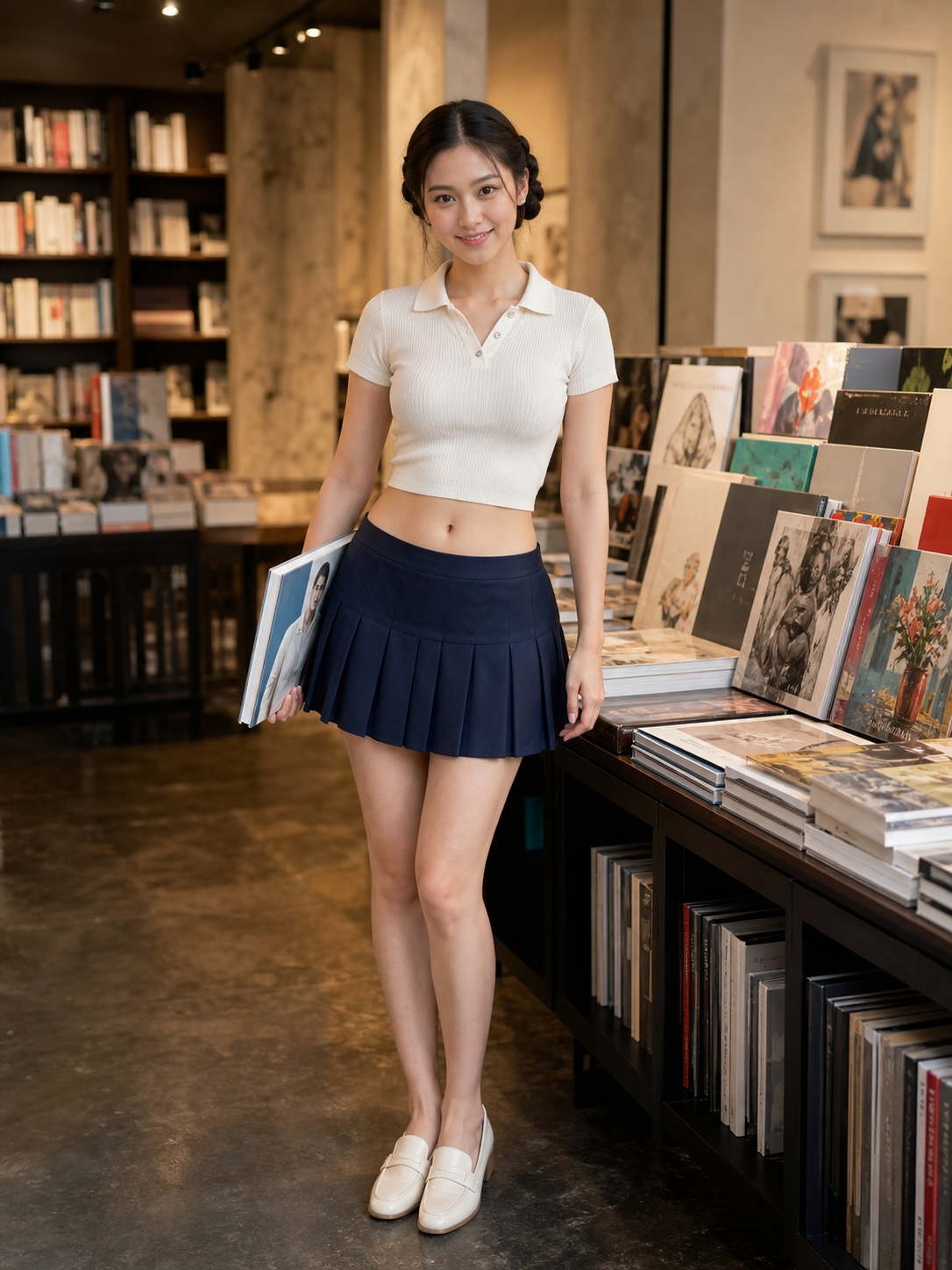 独立设计书店中穿象牙白上衣与深蓝百褶裙的亚洲成年女性