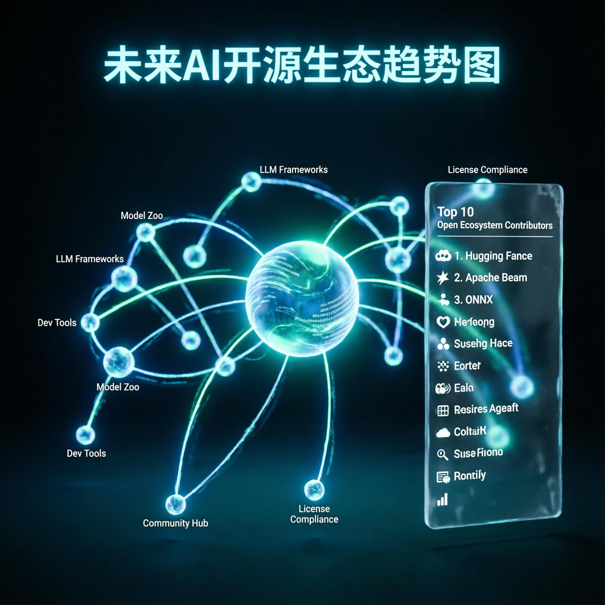未来 AI 开源生态趋势图，蓝绿色霓虹光效、星图网络和排行榜面板融合的科技感插画