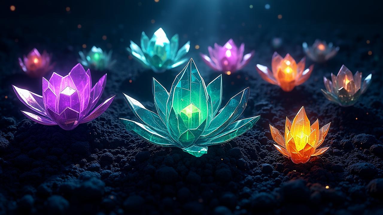 A surreal garden of geometric crystal flowers grow
