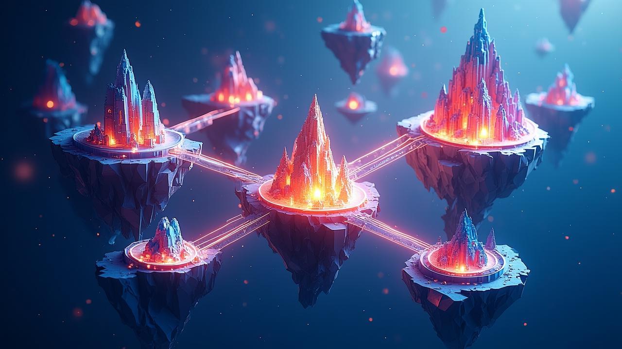 A surreal digital landscape where distinct geometr