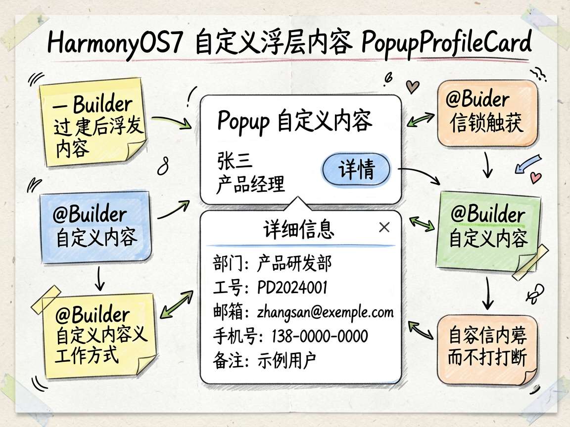 手绘笔记风信息图，主题是 HarmonyOS7 自定义浮层内容 PopupProfileCard。画