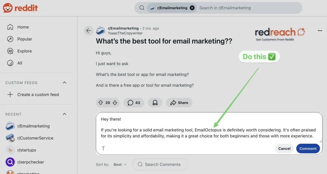 成功的 Reddit 评论示例