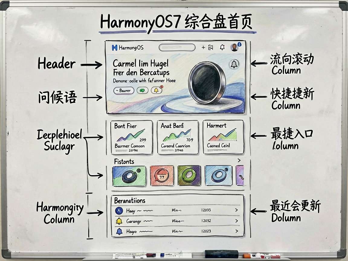 一张适合技术文章的手绘笔记风框架图,主题是 HarmonyOS7 综合布局的仪表盘首页。画面用分层结