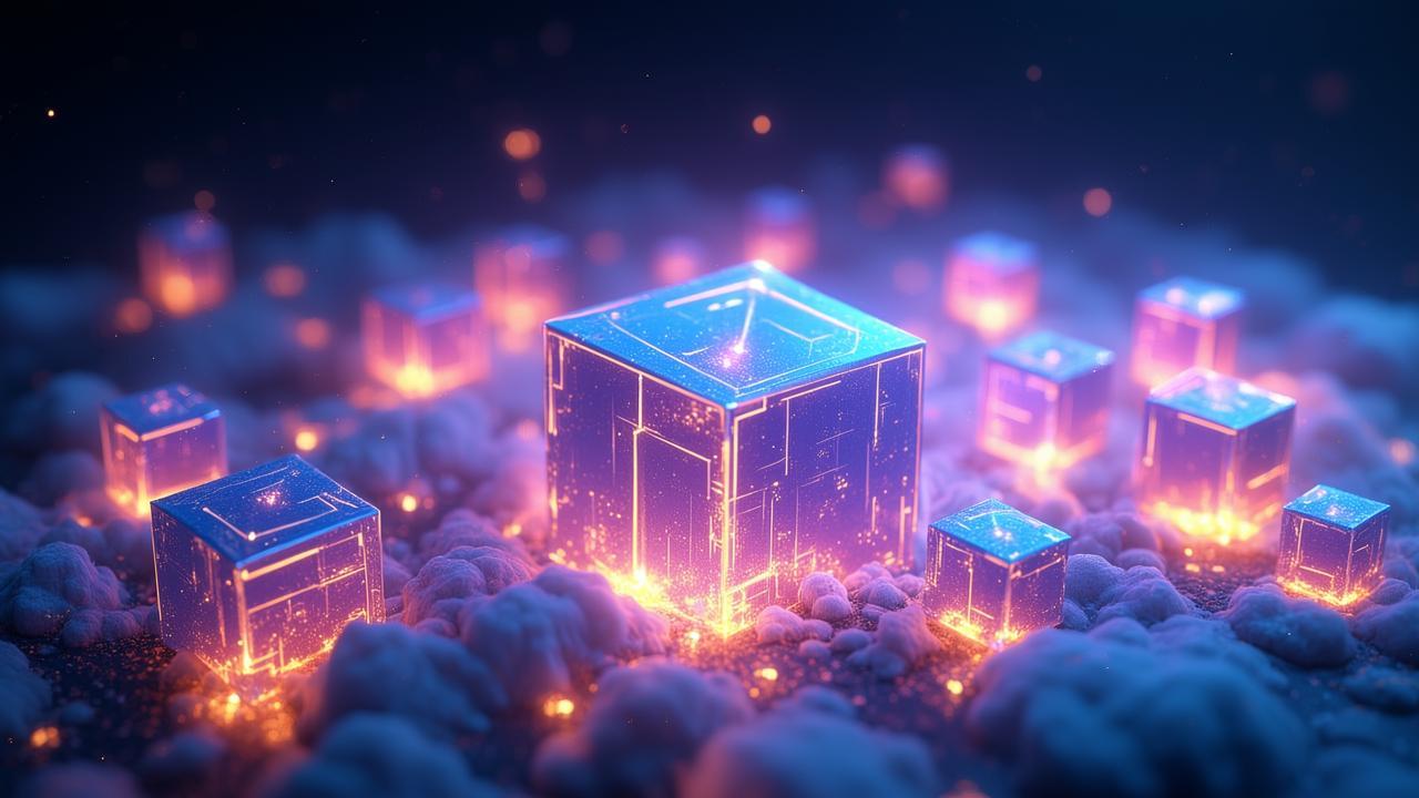 A surreal digital landscape where luminous geometr