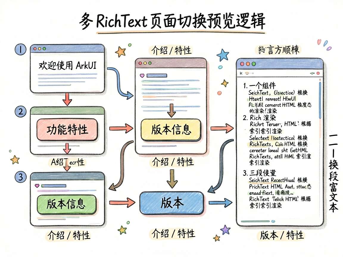 手绘笔记风流程图,内容围绕文章中的 RichText 页面切换预览逻辑。画出三个 HTML 内容卡片
