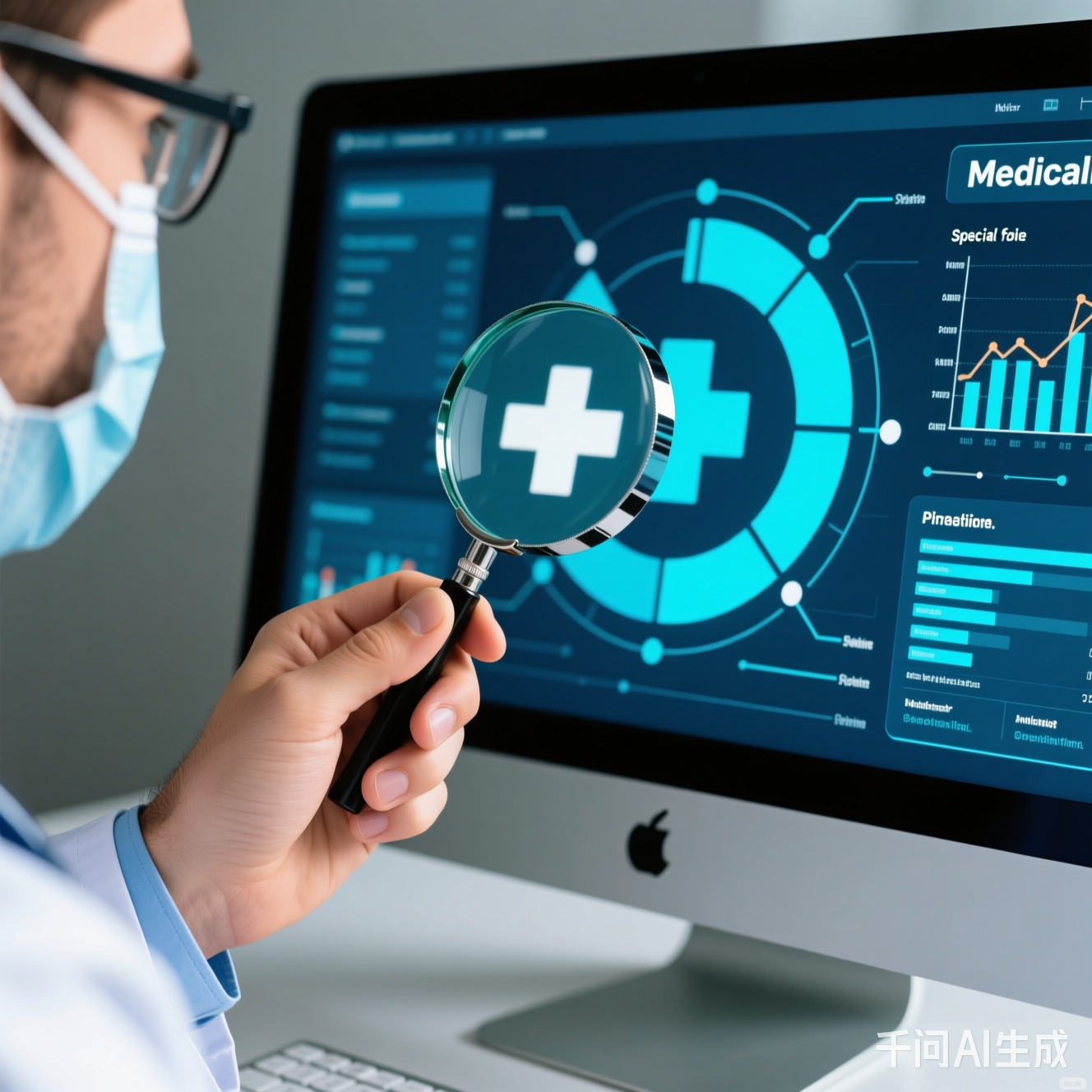 医生举着放大镜看电脑屏幕